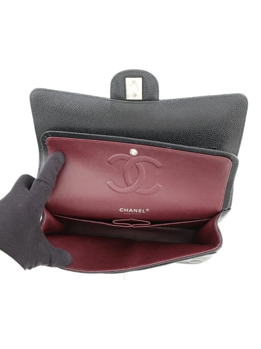 Chanel Chain Shoulder Bag Quilted 25 CC Logo Double Caviar Leather Black